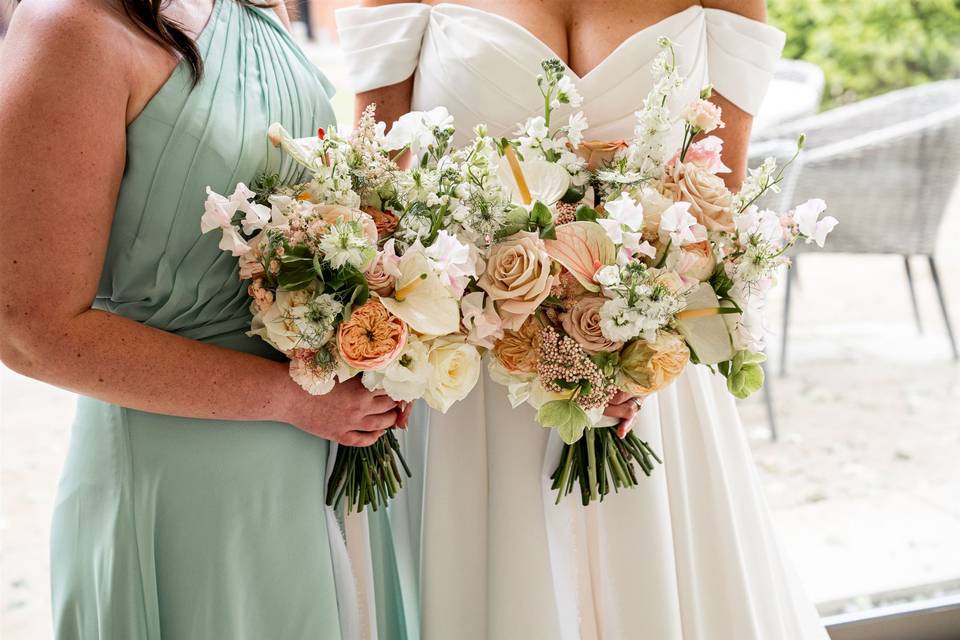 Bridesmaid and bridal bouquet