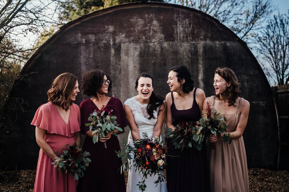 Giggling with bridesmaids
