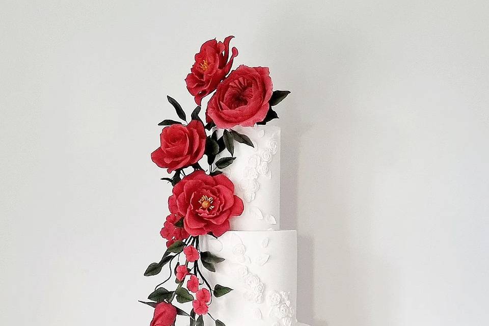 White and red wedding cake