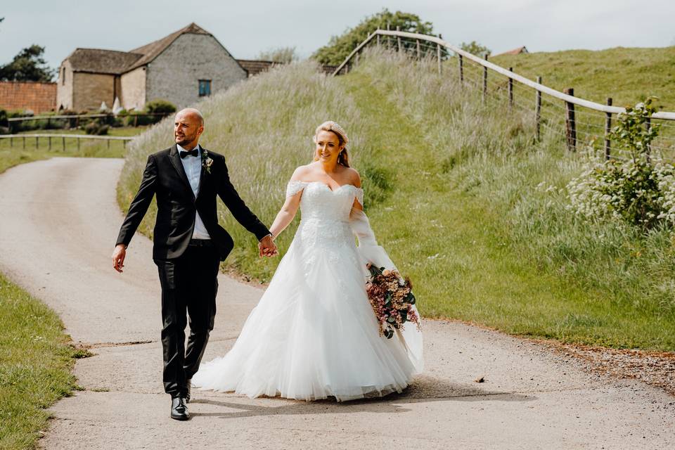 Bride and groom walking