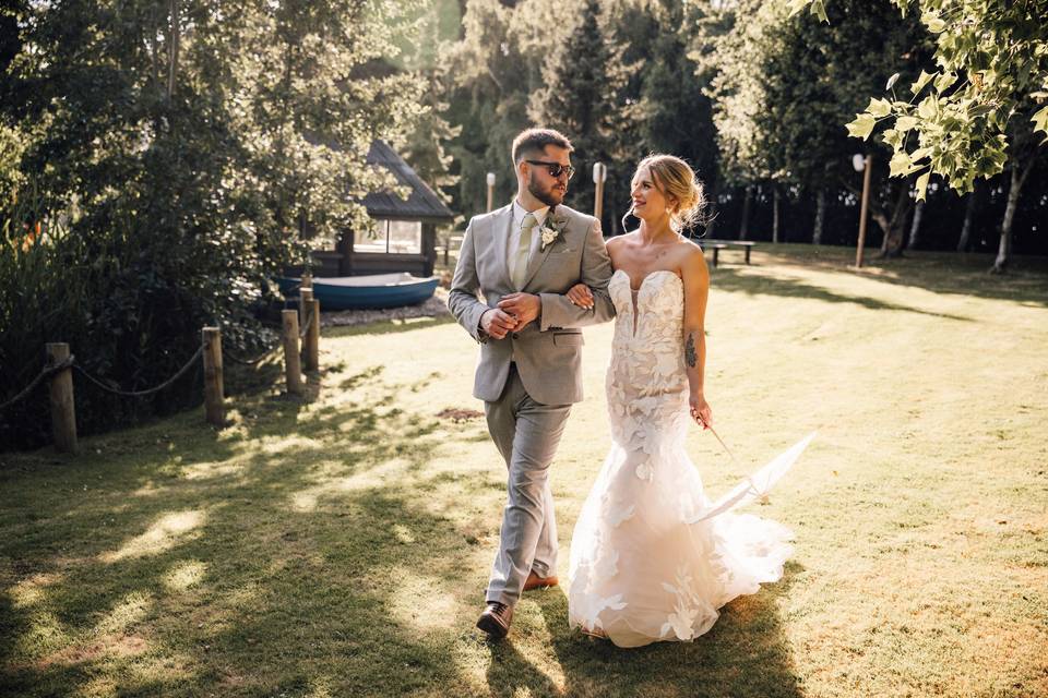 Couple walking in grounds