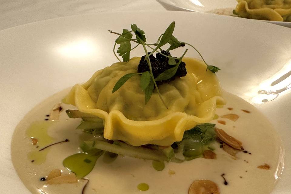 haddock ravioli, ajo blanco