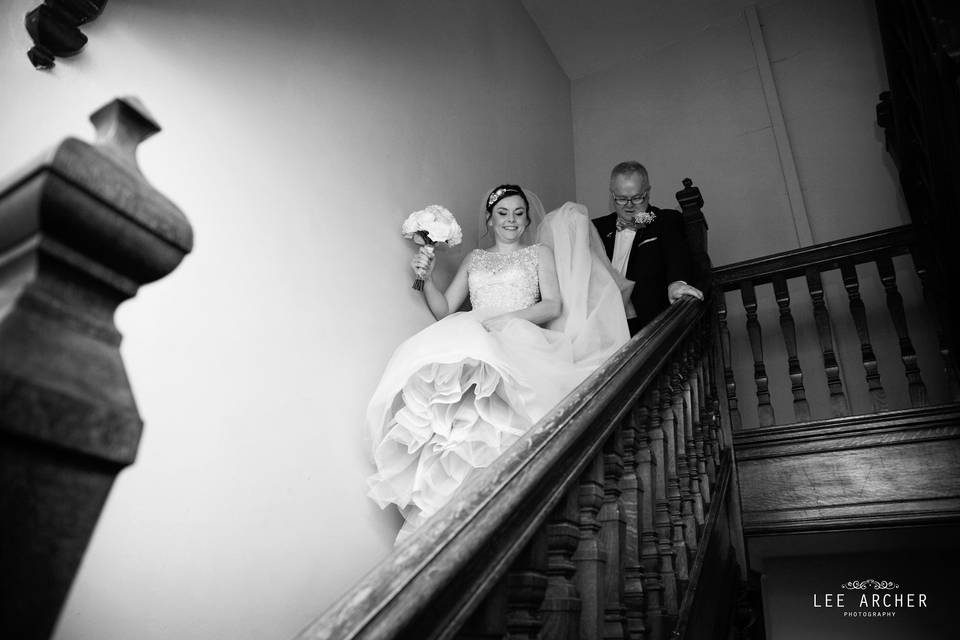 Bride and Father on the stairs