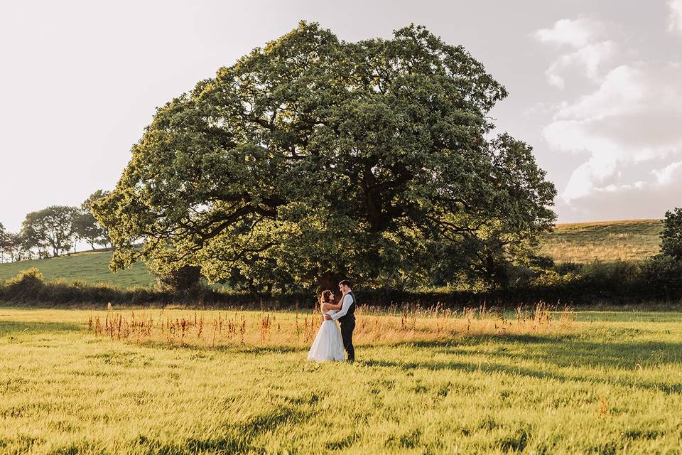 Bride and groom under tree