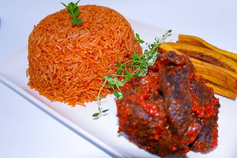 Jollof, beef and plantain