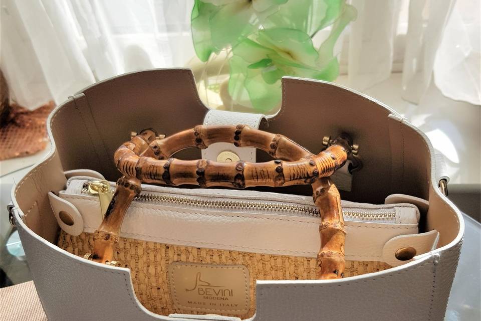 Leather, straw, bamboo bag