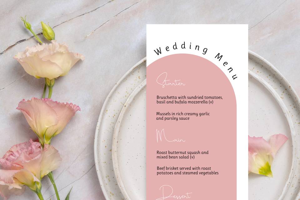 Boho pink wedding menu