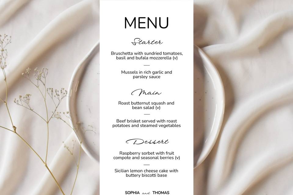 Modern minimalist wedding menu