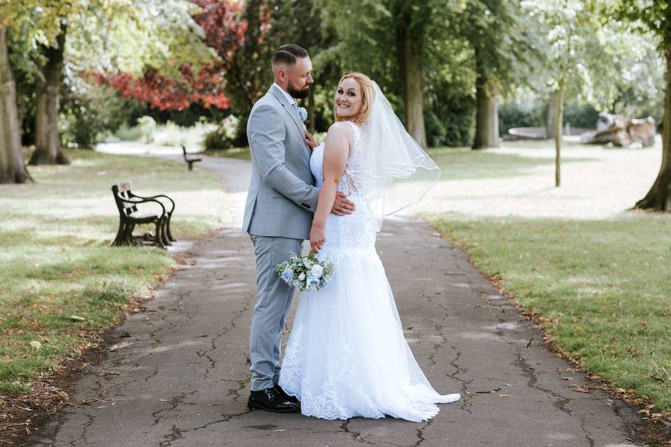 Bride and groom in the park