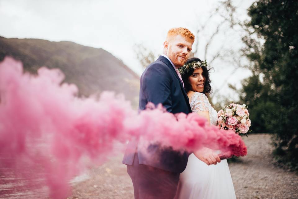 Pink smoke wedding photo