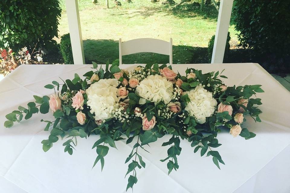 Long and Low Floral Display in White and Pink