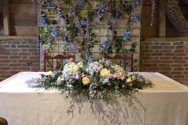 Long and Low Floral Display in Lilac, Blue and Ivory