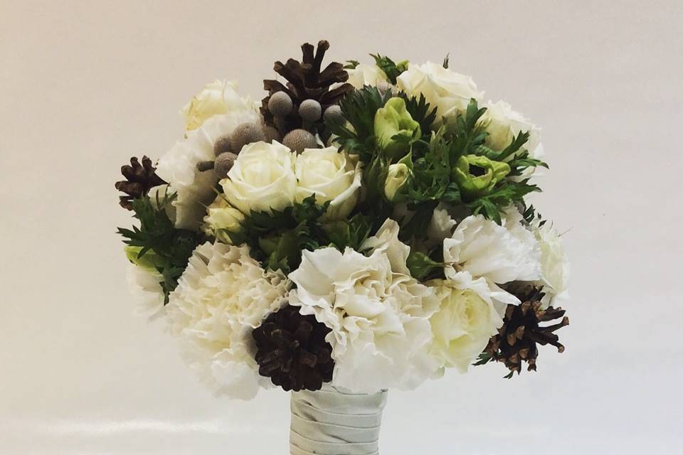 Bridal Bouquet with Carnations, Roses, Lisianthus, Ferns and Pine Cones