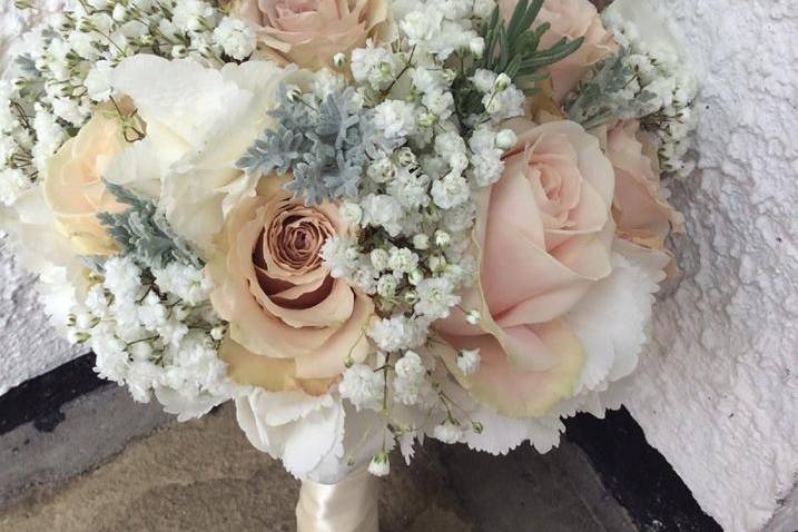 Bridal Bouquet with Quicksand Roses, Gypsophila and Dusty Miller