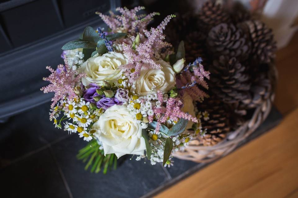 Bridal Bouquet with Roses, Tanacetum, Astilbe, Lisianthus and Lavender