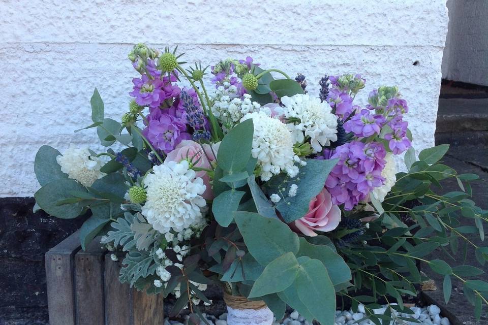 Bridal Bouquet with Stocks, Roses, Scabiosa and Nigella with Greenery