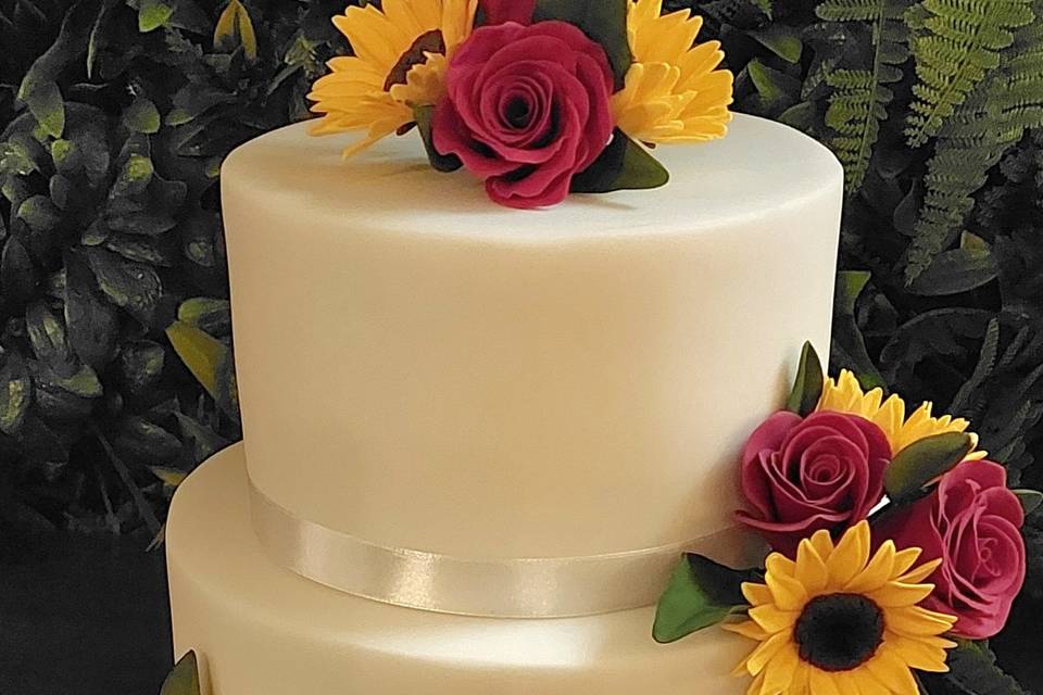 Sunflower & Rose Wedding Cake