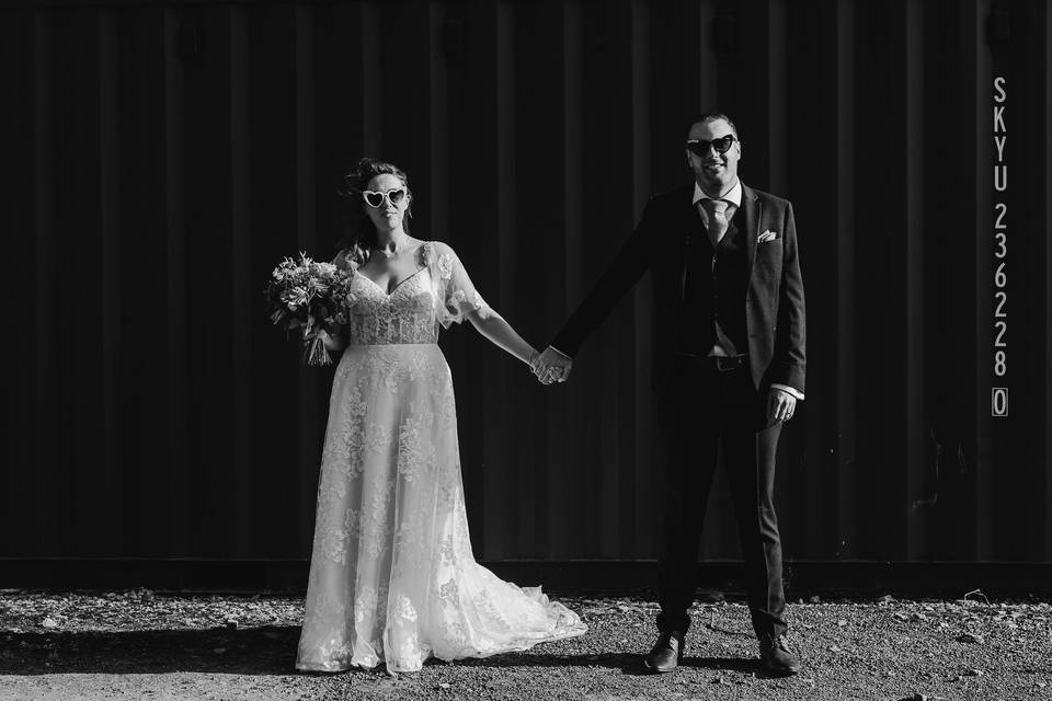 Cool bride and groom
