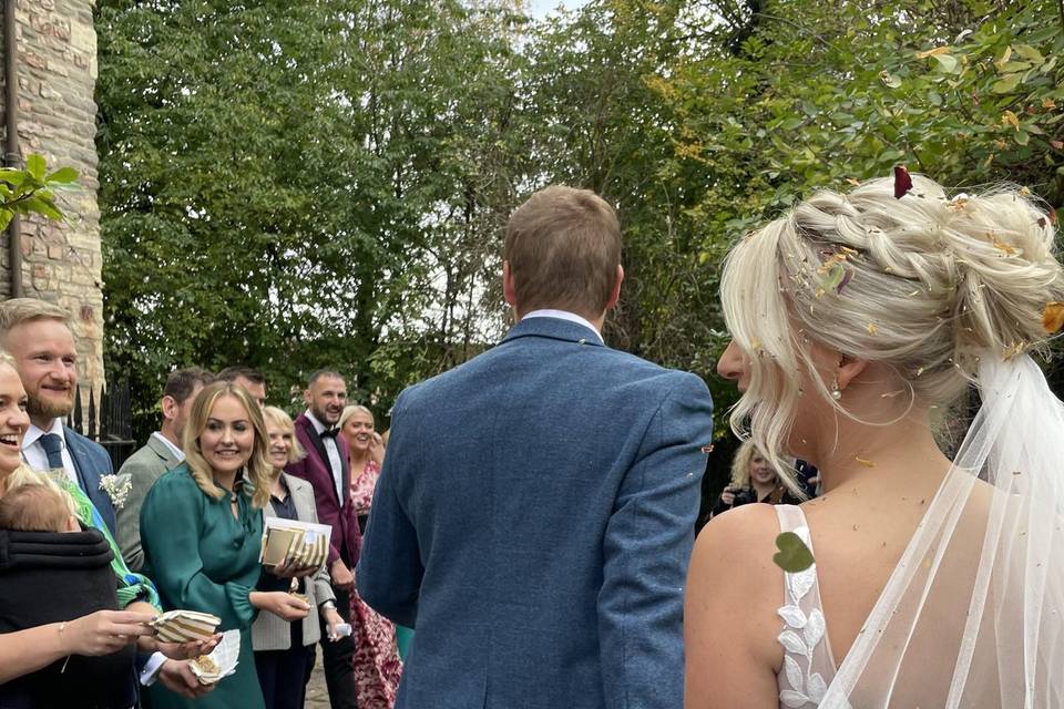 Bride and groom outside