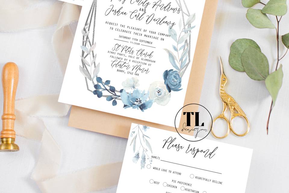 Frosted blue invitation suite