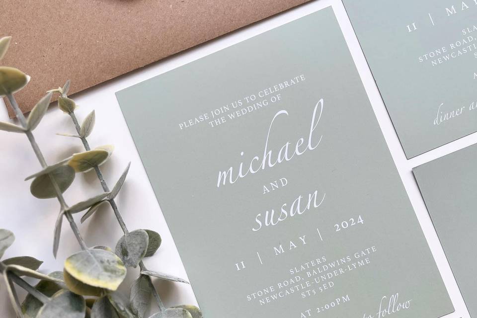 Sage green wedding invitation