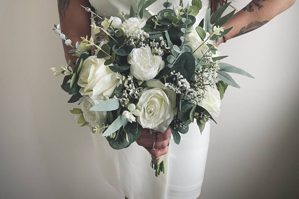 White rose and eucalyptus bouquet