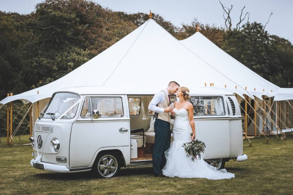 Couple in front of marquee