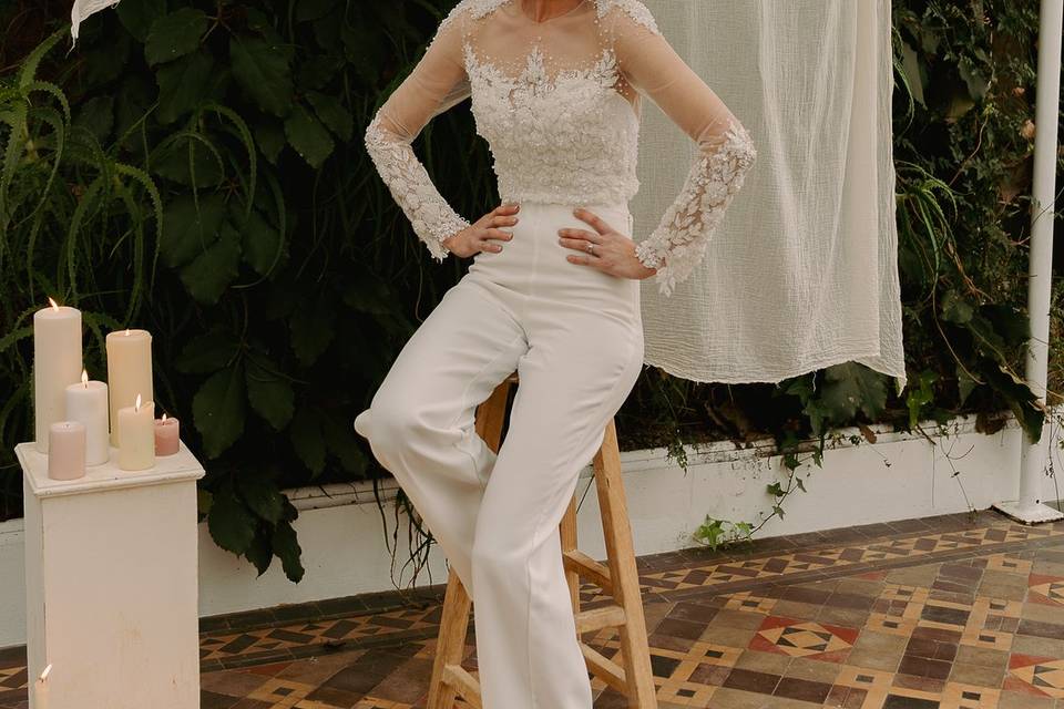 Bridal trousers with an embellished lace top