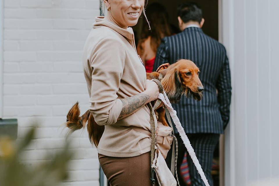 Holding Koda to greet guests