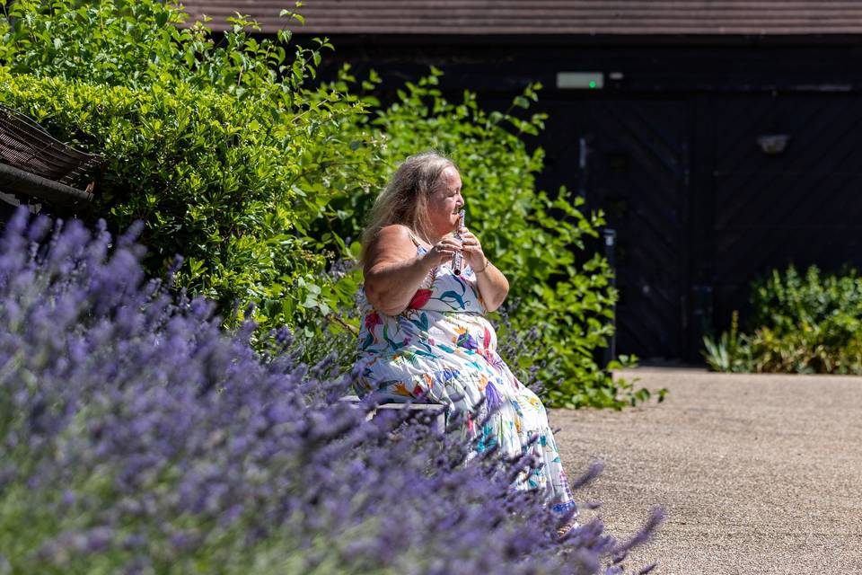 Lady seated by garden lavender