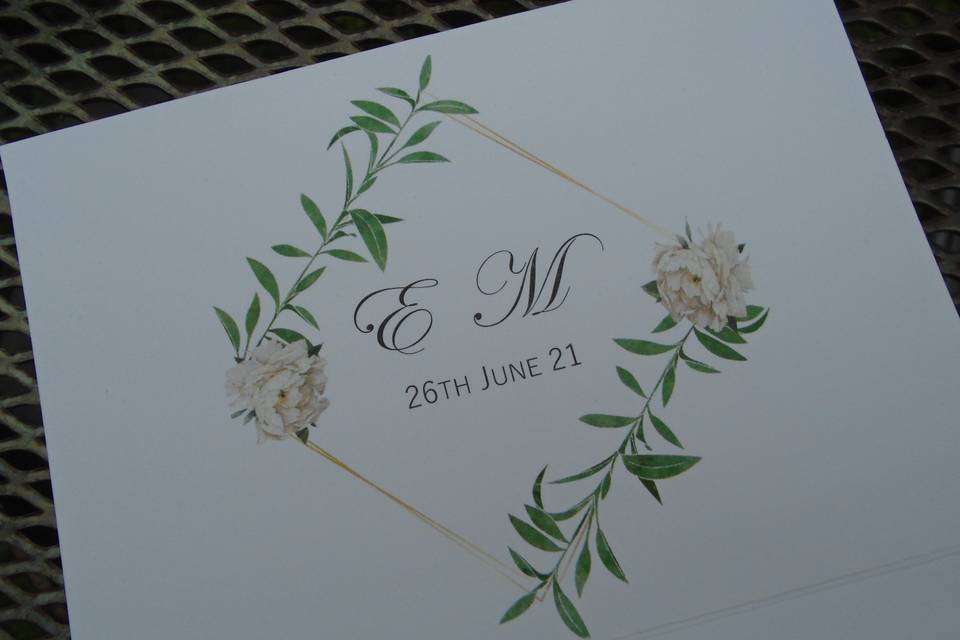 Peony and leaf trifold invite