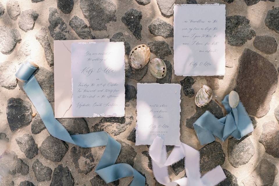 Beach wedding flatlay