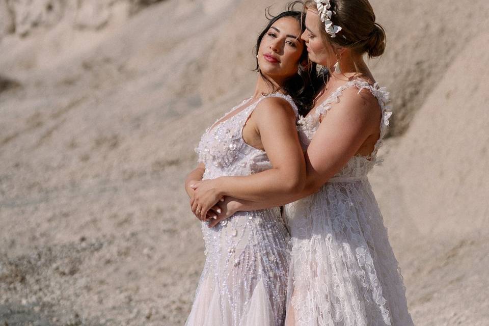 Brides on beach in Santorini