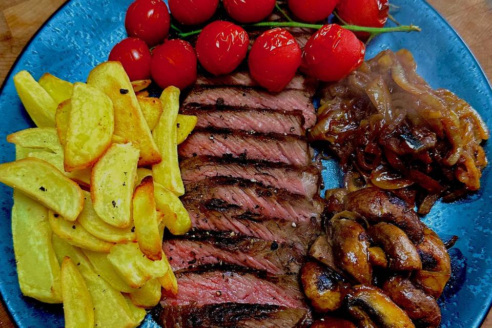 Sliced strip sirloin and chips