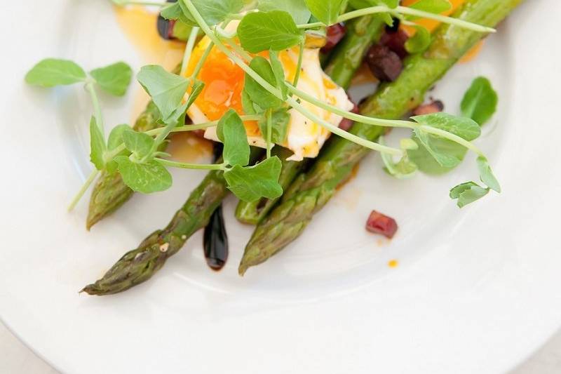 Poached Asparagus, 7 Minute Hens Egg, Chorizo Butter, Radish Salad