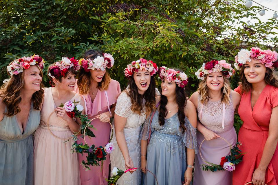 Wedding party with floral headdesses