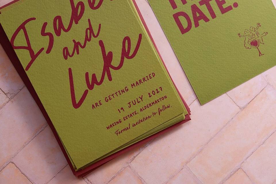 Green & burgundy save the date
