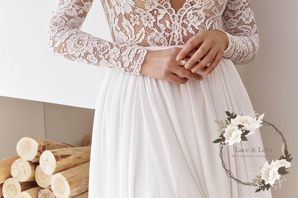 Lace Bodice Long Sleeve Gown