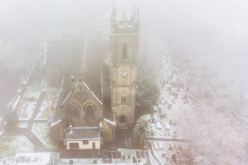 Aerial View - Snowy Church