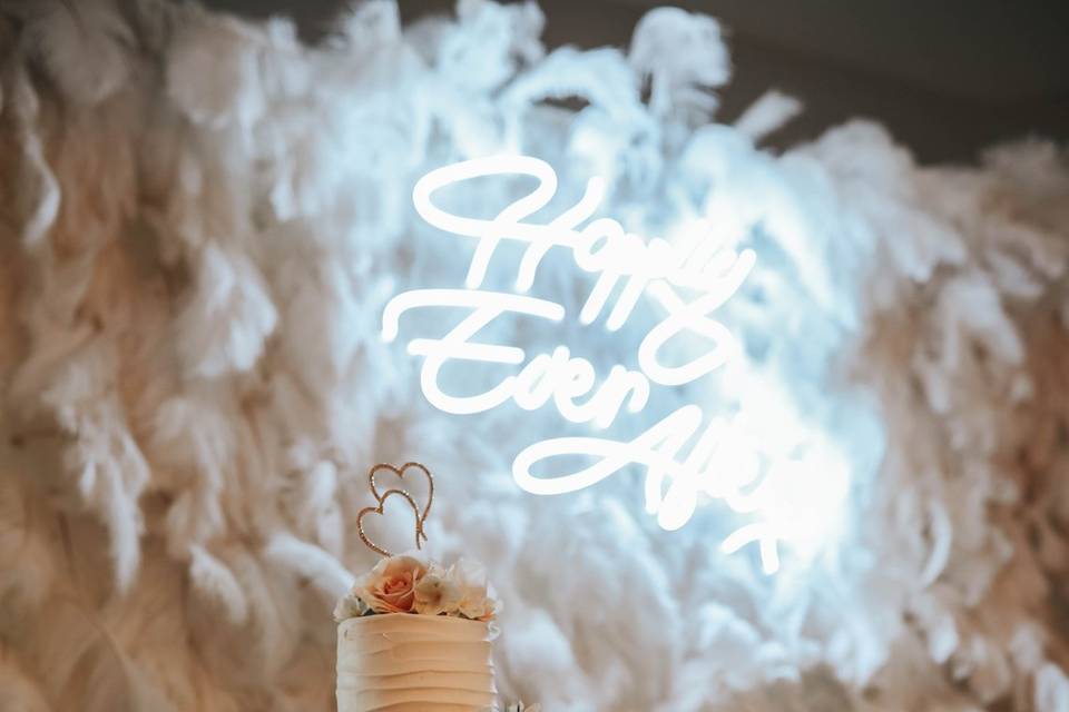 Wedding Cake & Feather Wall