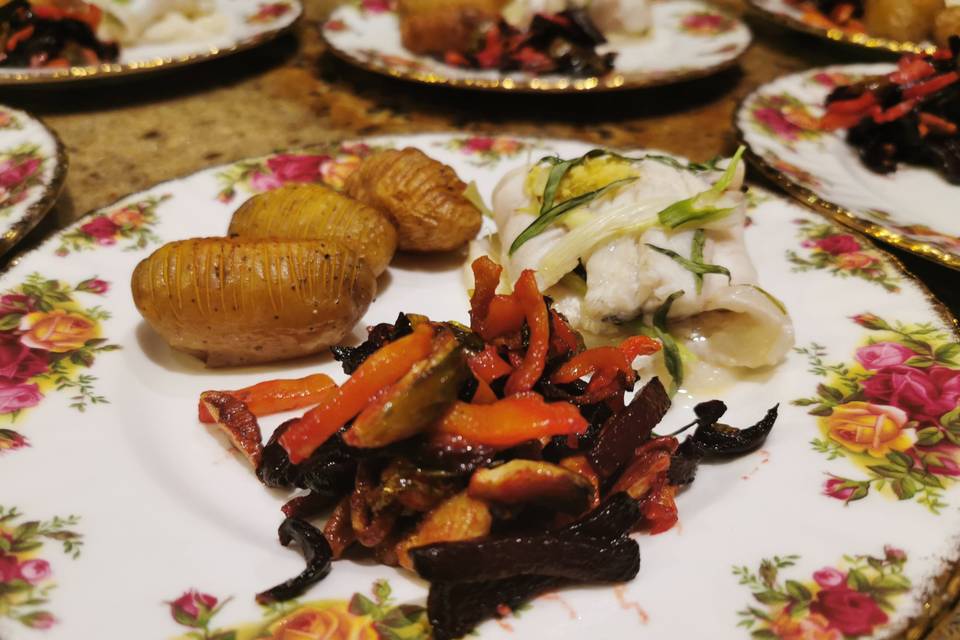 Sea bass, potato, jewel veg