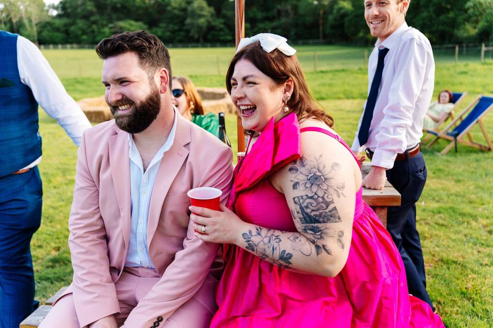 Bride and groom laughing