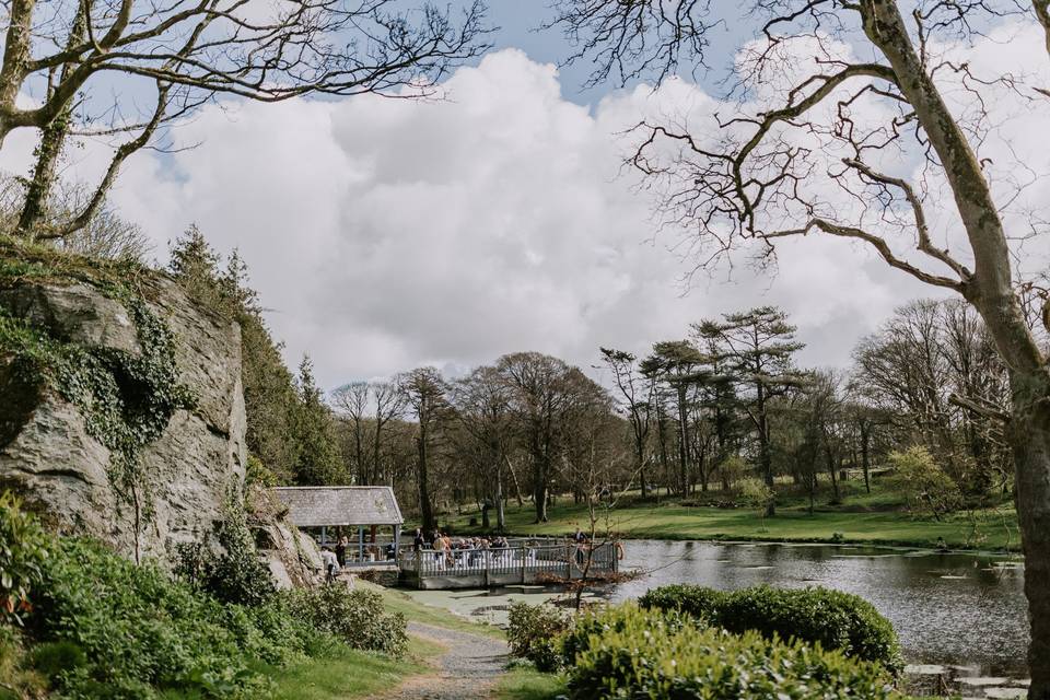 View of lake and boat house