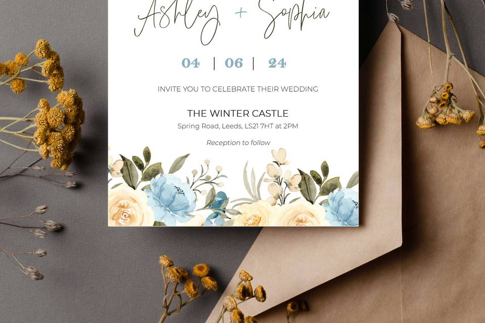 Blue yellow wedding invite