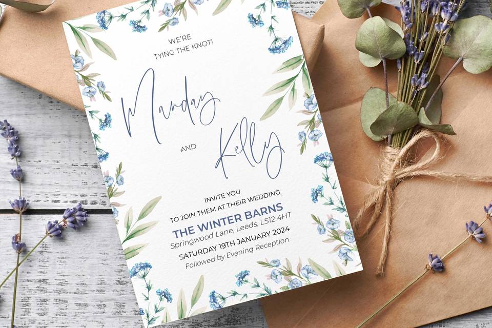 Blue flowers wedding invite