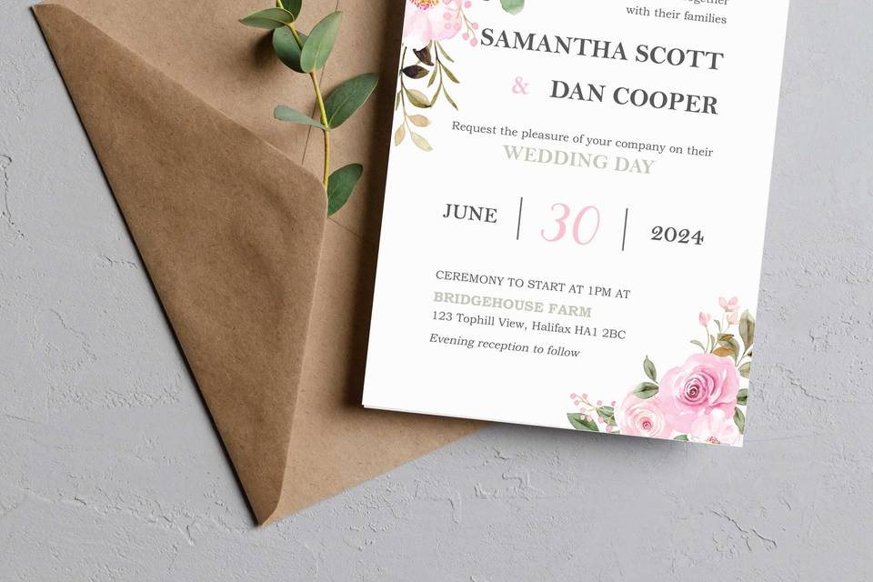 Pink flowers wedding invite
