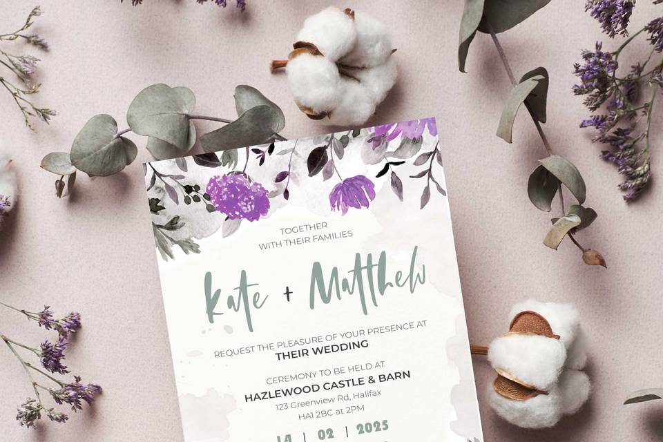 Purple Flowers Wedding Invite