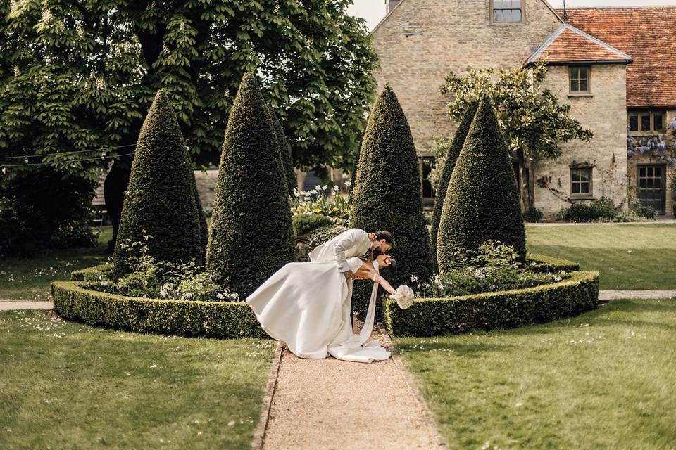 Bride and groom kissing