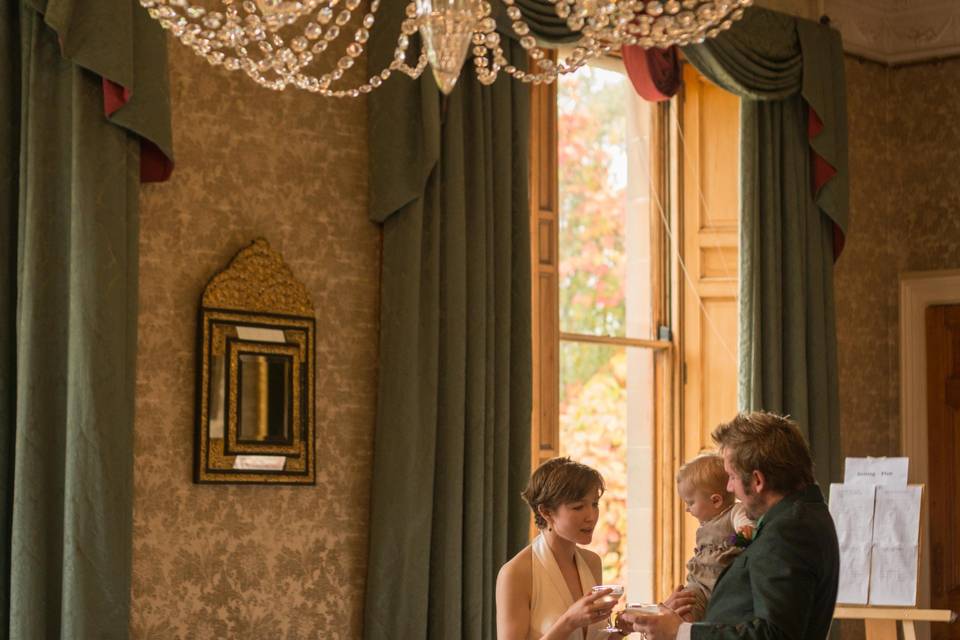 Under a chandelier