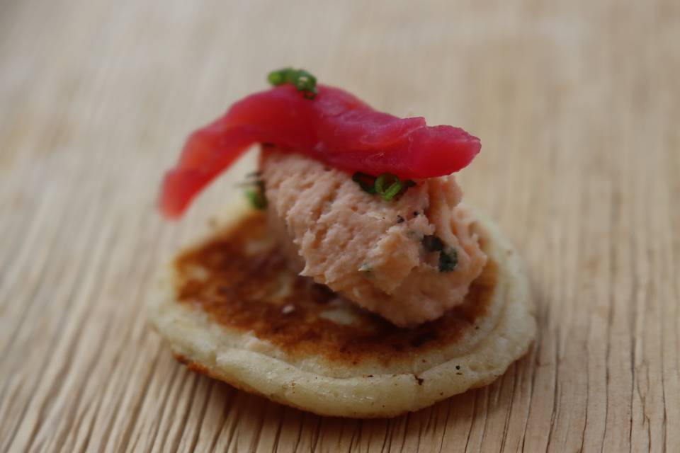 Smoked salmon cheese blini